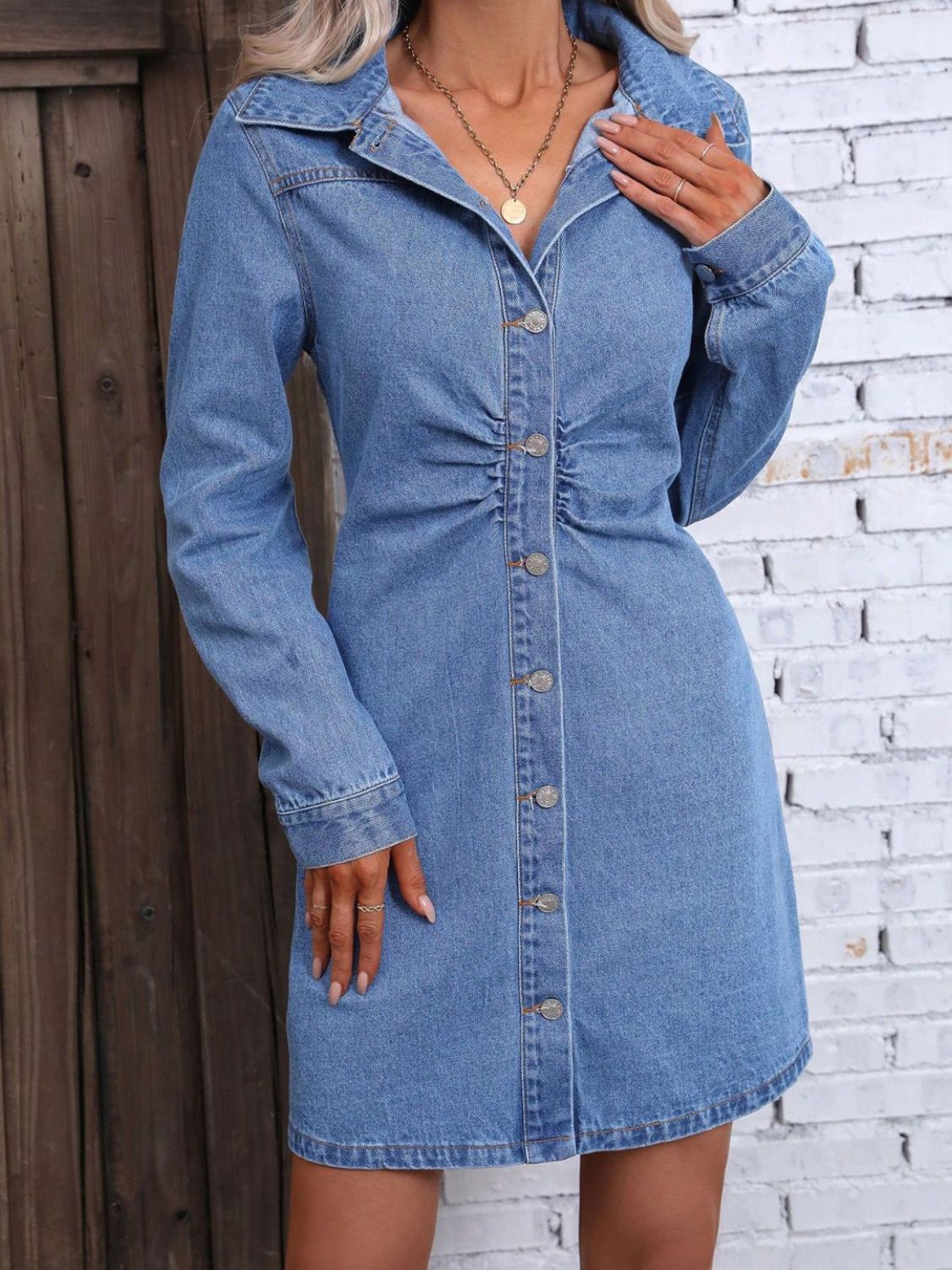 TEEK - Ruched Button Up Long Sleeve Medium Wash Denim Dress DRESS TEEK Trend   