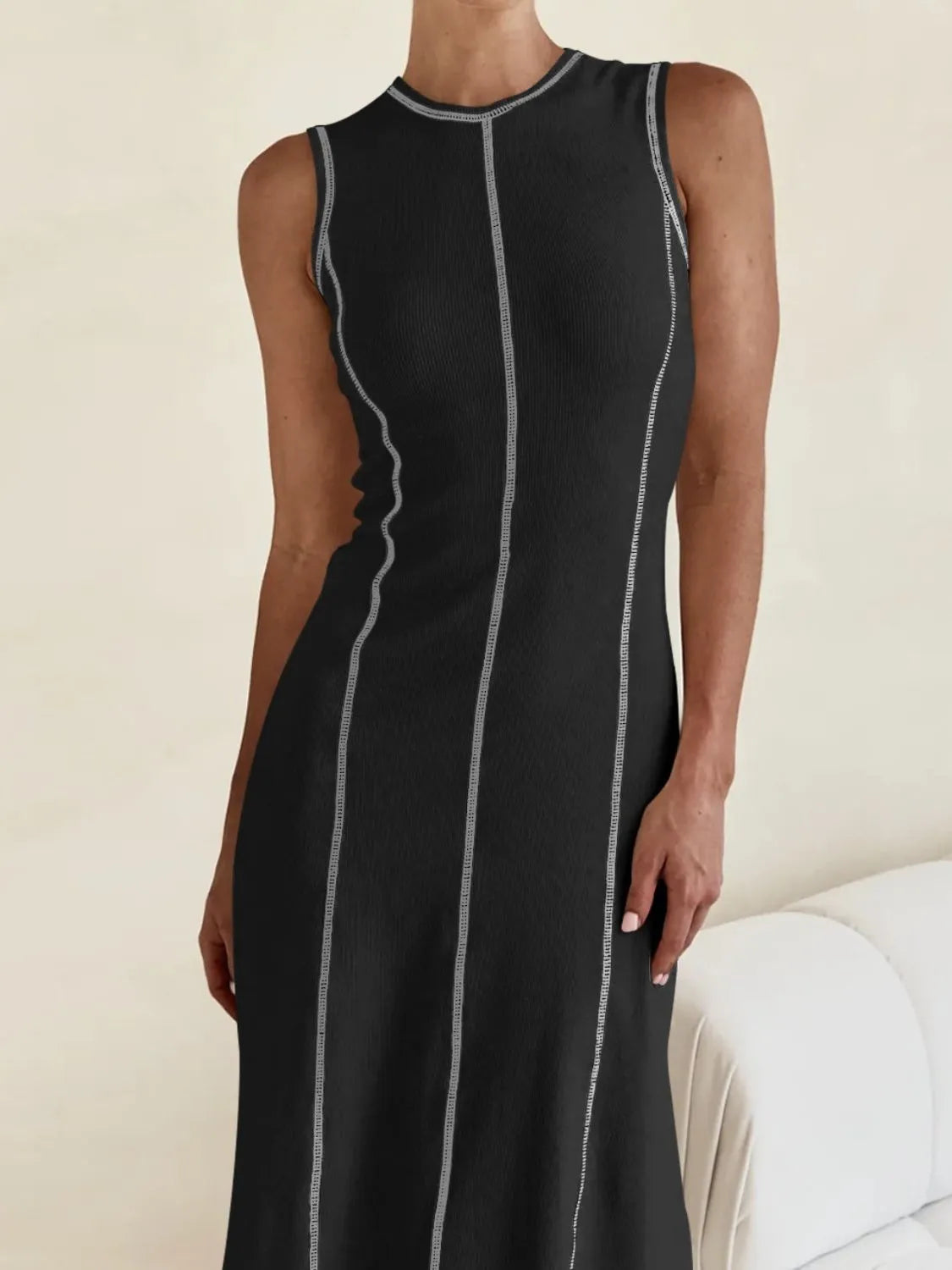 TEEK - Contrast Stitching Round Neck Sleeveless Dress DRESS TEEK Trend