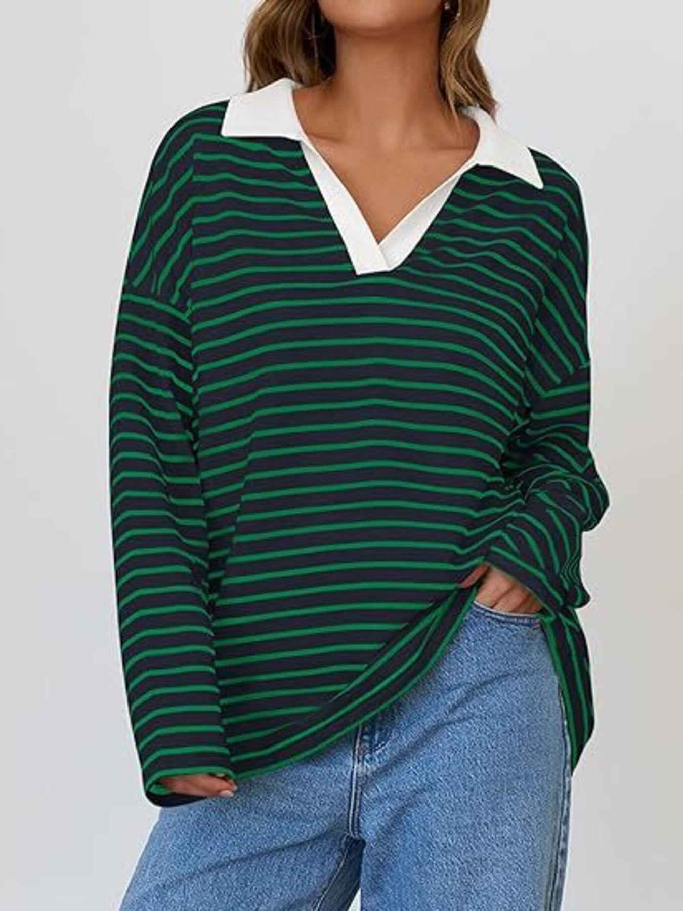 Striped Contrast Collar Long Sleeve Top Trendsi