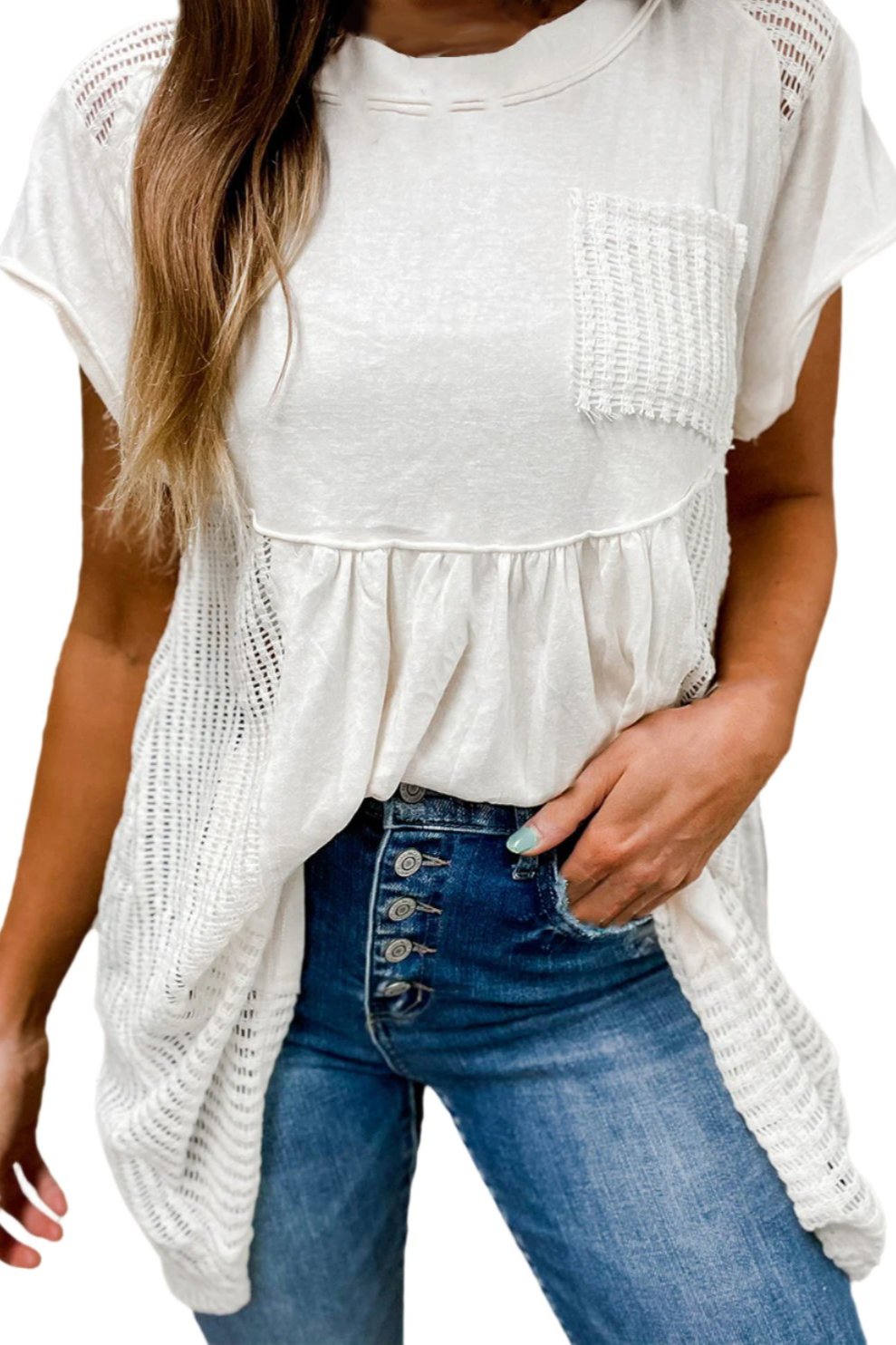 TEEK - White Mesh Round Neck Cap Sleeve Top TOPS TEEK Trend S  