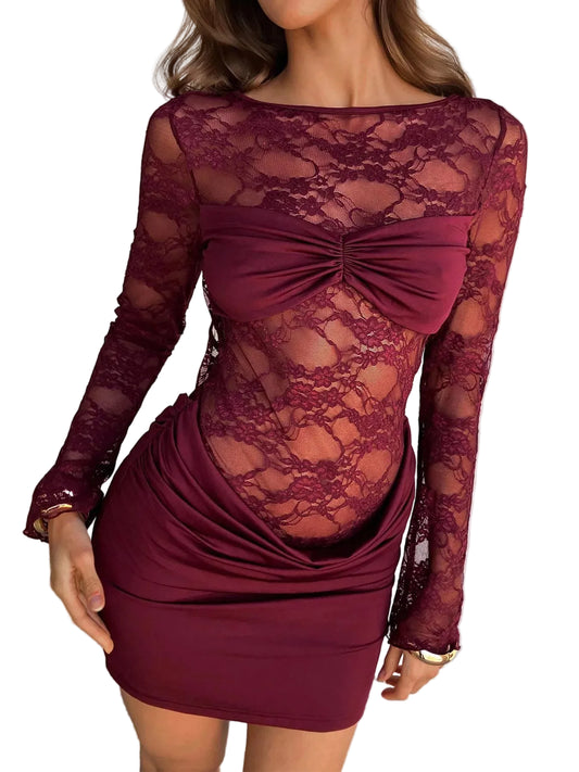 Lace Sheer Cutout Back Long Sleeve Ruched Dress Trendsi