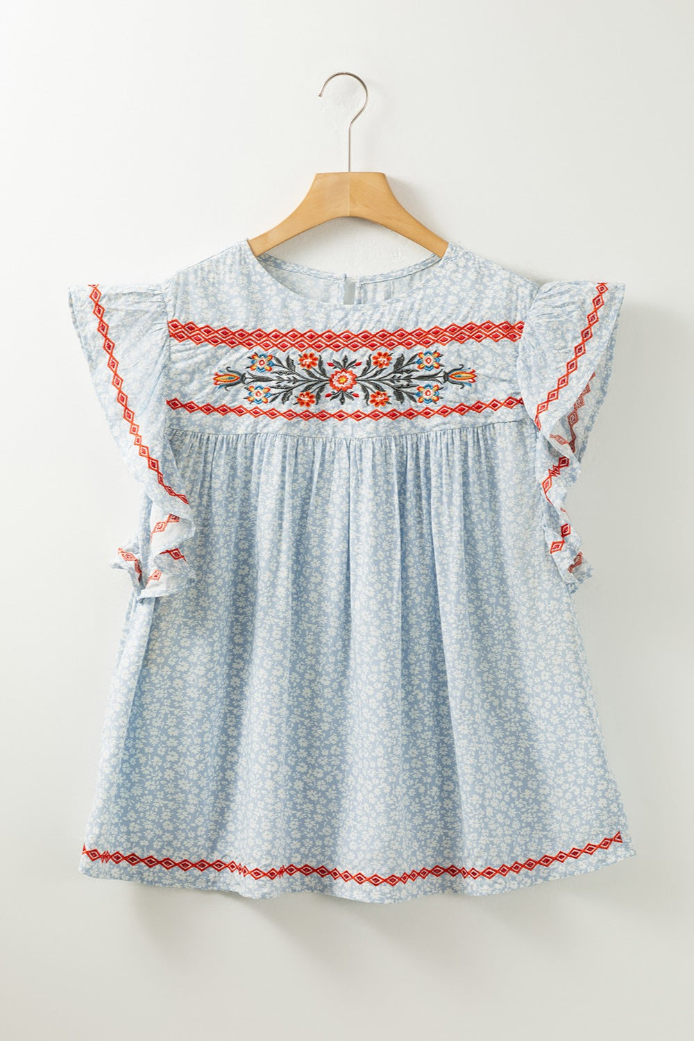 TEEK - Embroidered Misty Blue Cap Sleeve Blouse TOPS TEEK Trend   