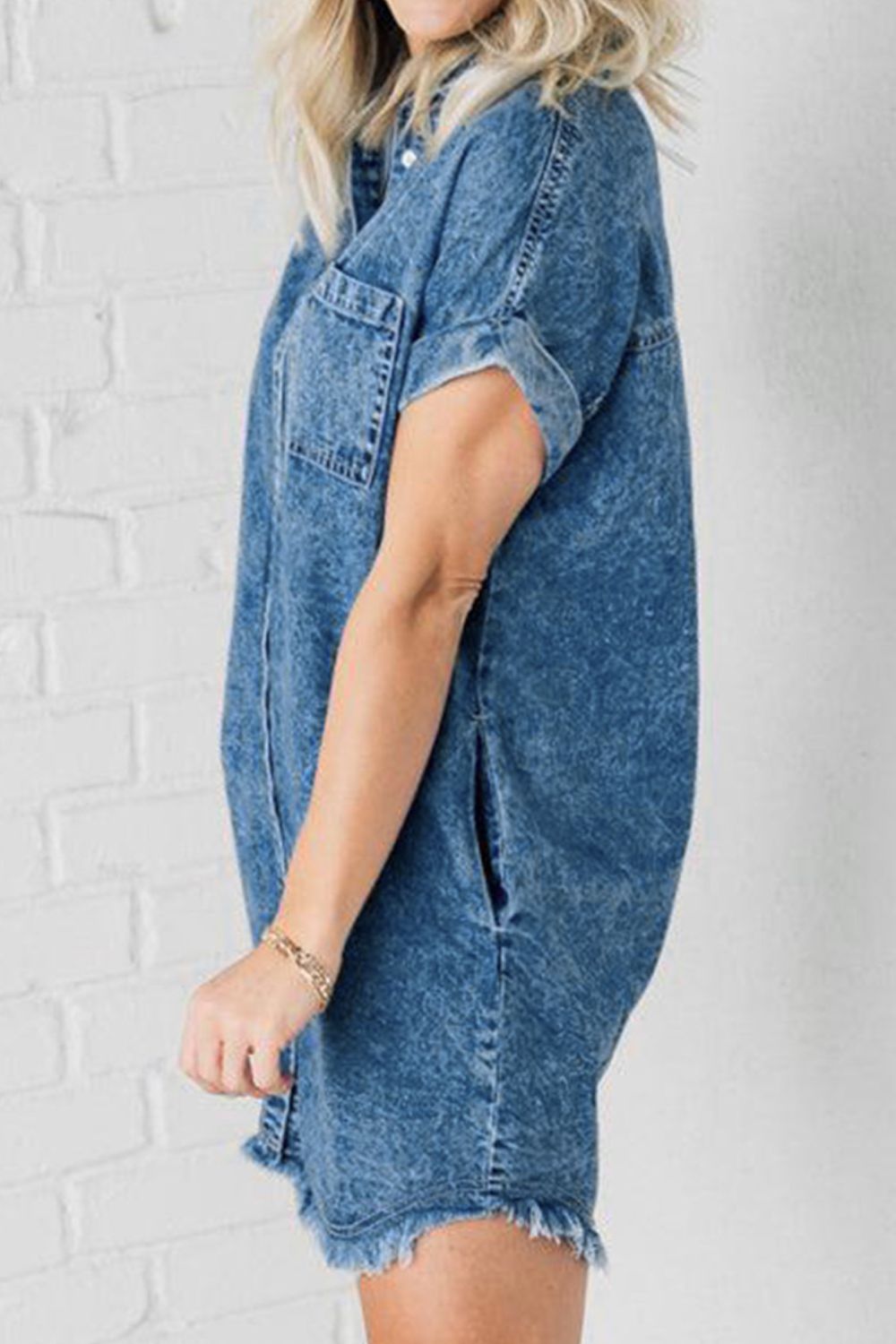 TEEK - Raw Hem Pocketed Cap Sleeve Medium Wash Denim Dress DRESS TEEK Trend   