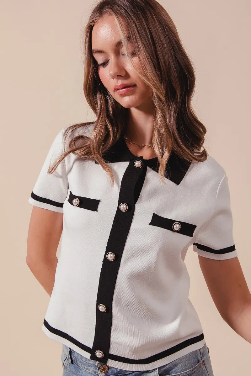 TEEK - Ivory Black Button Down Knitted Sweater Shirt Top TOPS TEEK Trend
