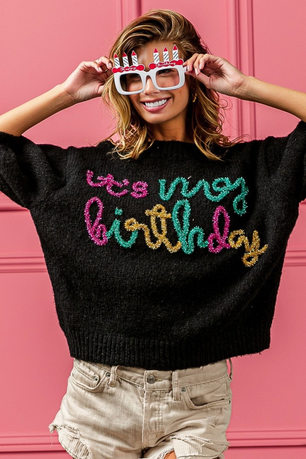 TEEK - Black Metallic Letter Puff Sleeve Hairy Birthday Sweater TOPS TEEK Trend   