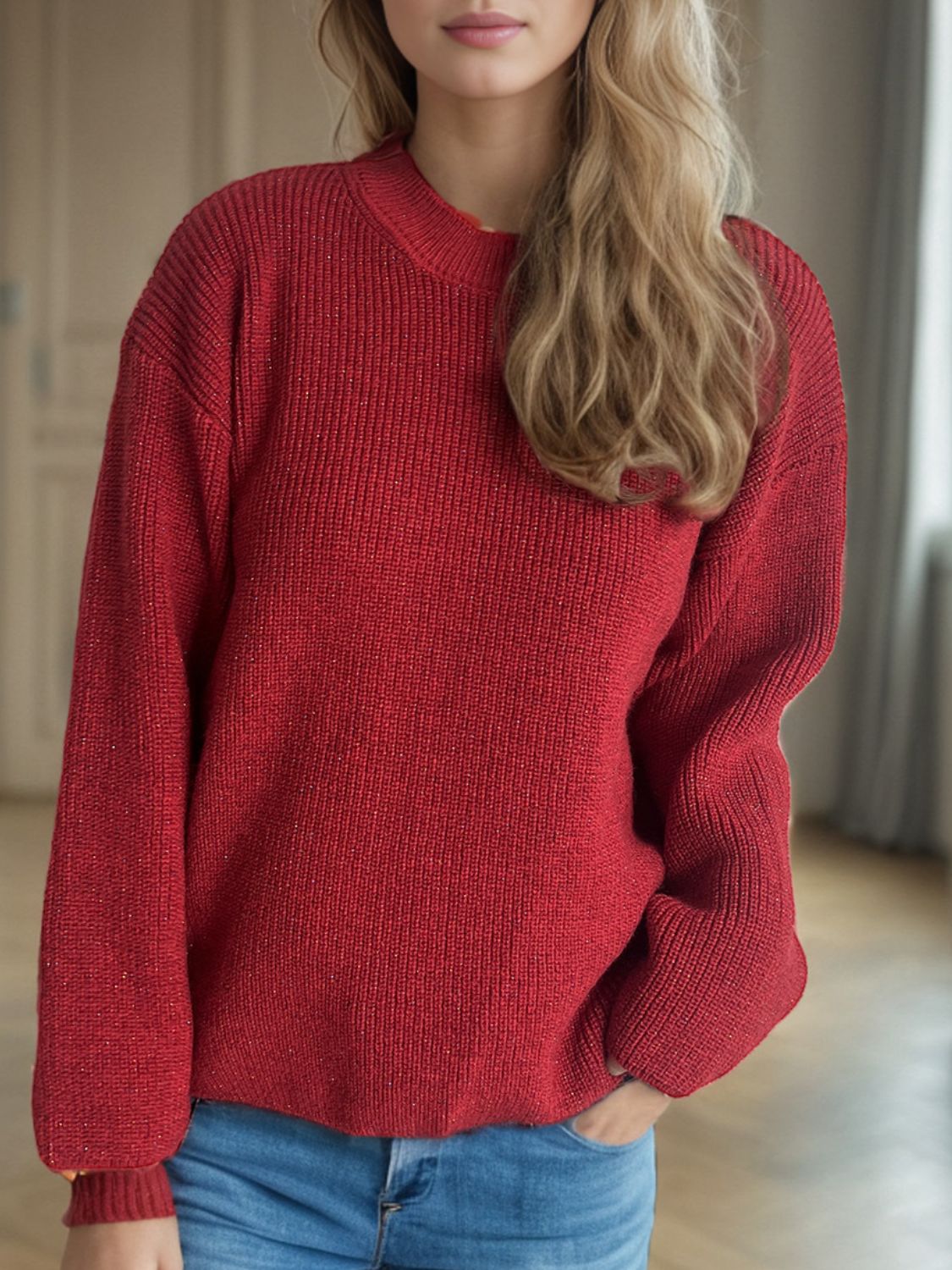 TEEK - Solid Color Round Neck Long Sleeve Sweater TOPS TEEK Trend Scarlet One Size