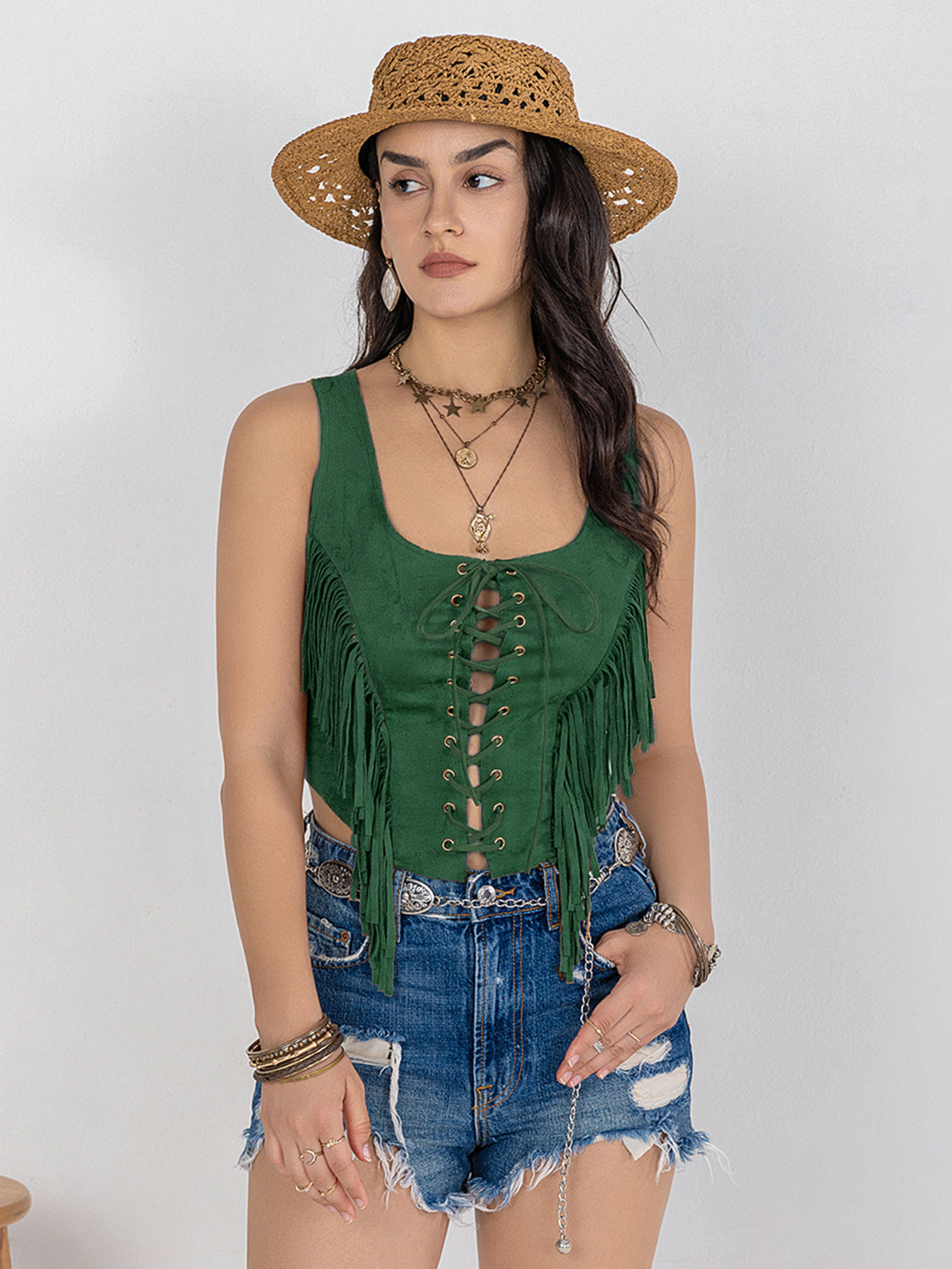 TEEK - Dark Green Fringe Lace-Up Wide Strap Tank TOPS TEEK Trend   