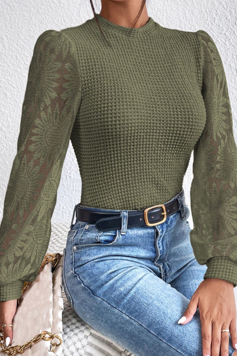 Mock Neck Lace Long Sleeve Top Trendsi