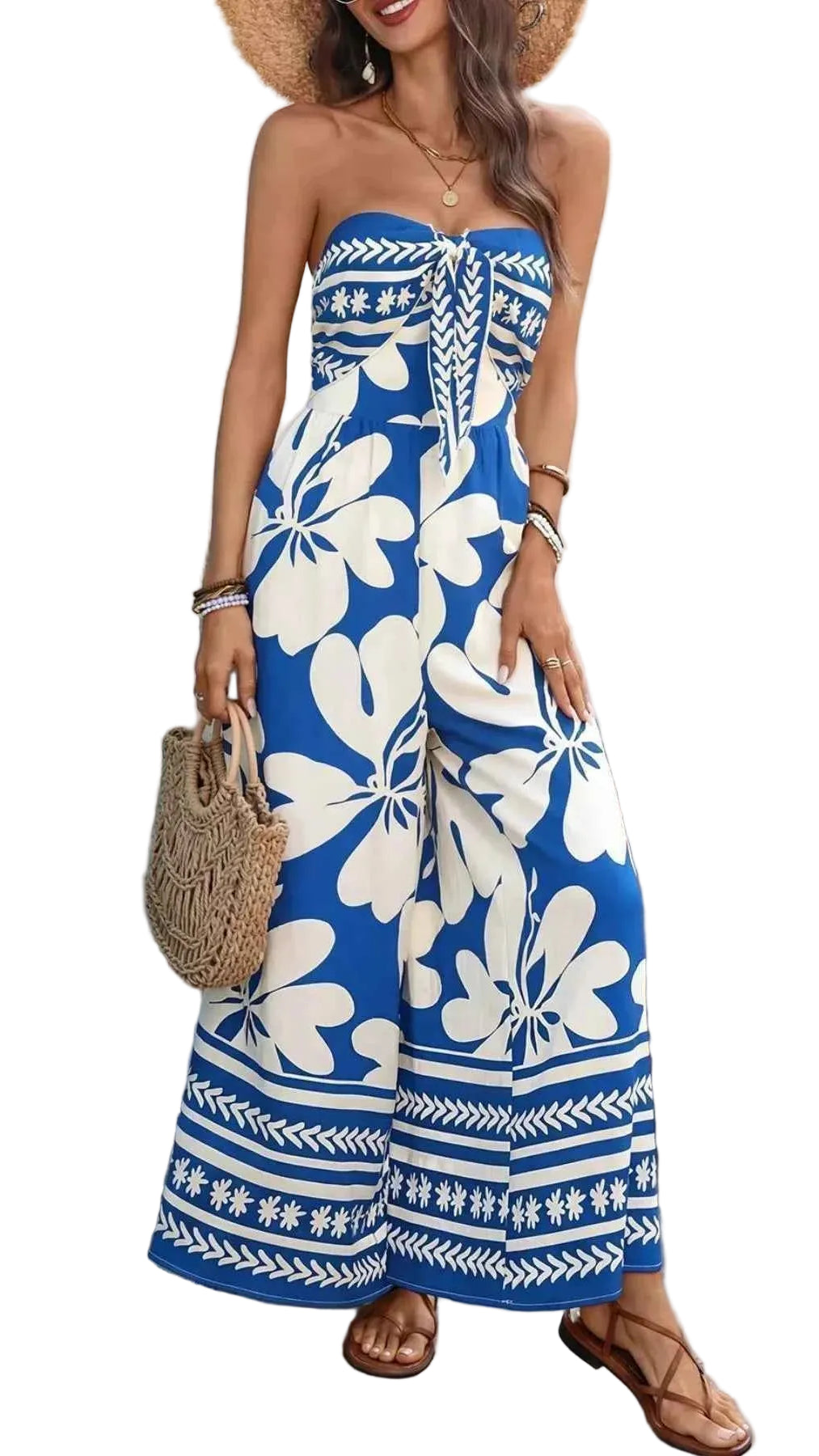 TEEK - Floral Print Tie Front Strapless Wide Leg Jumpsuit JUMPSUIT TEEK Trend Royal Blue S