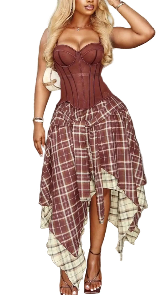 TEEK - Sweetheart Neck Cami and Asymmetrical Plaid Skirt Set DRESS TEEK Trend Brown S