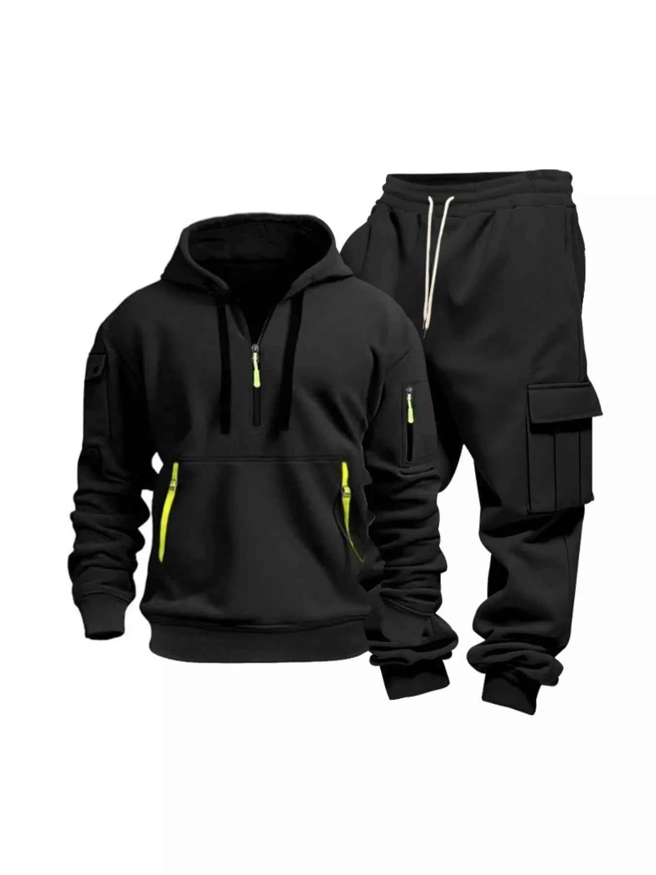 TEEK - Mens Full Size Half Zip Hoodie and Cargo Pants Set SET TEEK Trend
