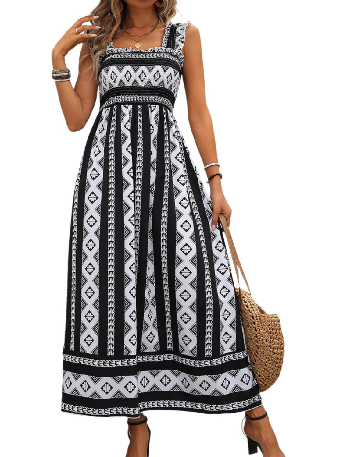 TEEK - Black Printed Square Neck Wide Strap Dress DRESS TEEK Trend S  