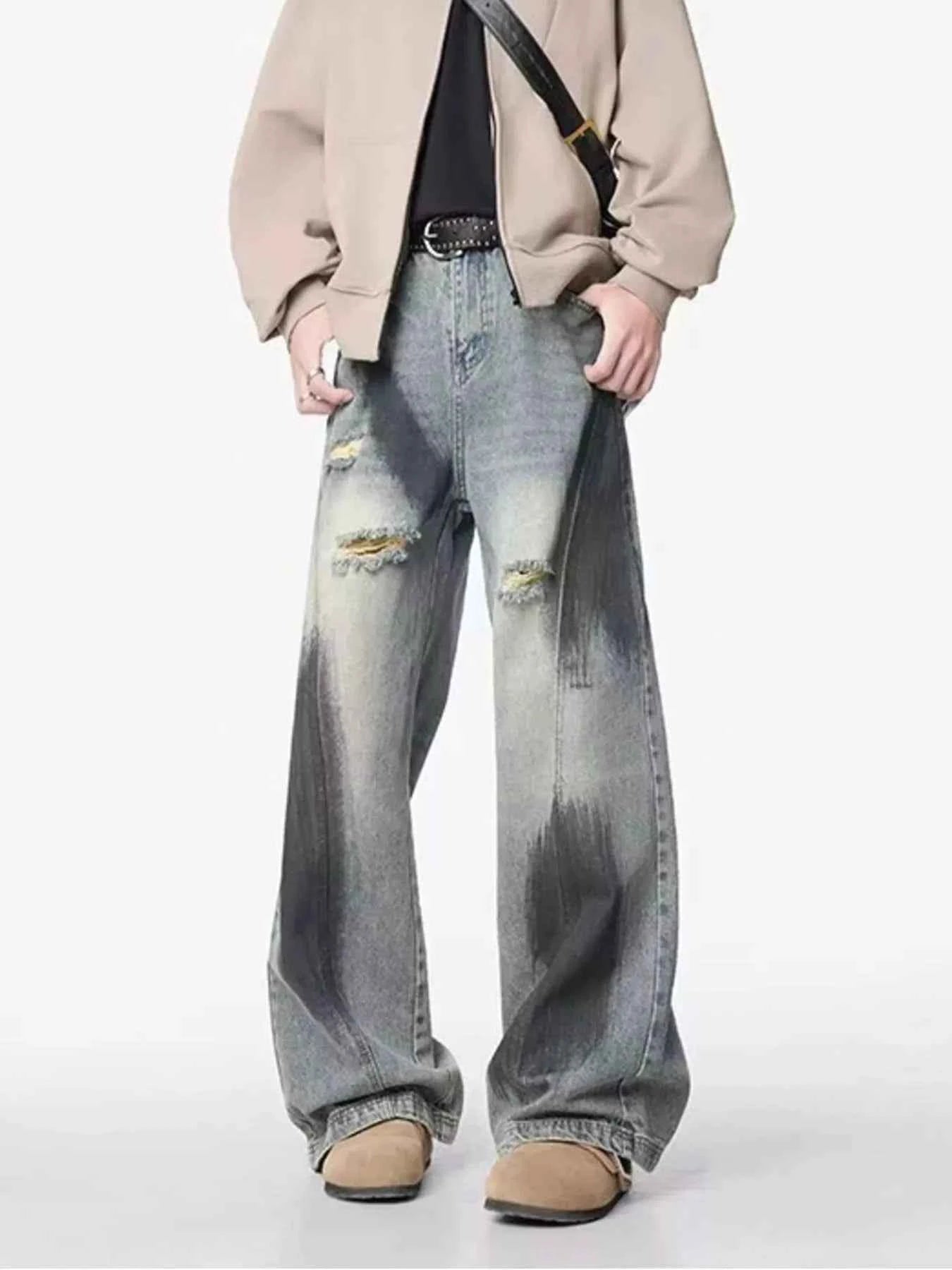 Men's Plus Size Distressed Wide Leg Jeans Trendsi