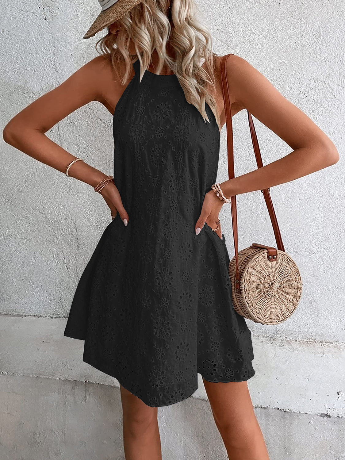 TEEK - Eyelet Grecian Neck Mini Dress DRESS TEEK Trend Black S 