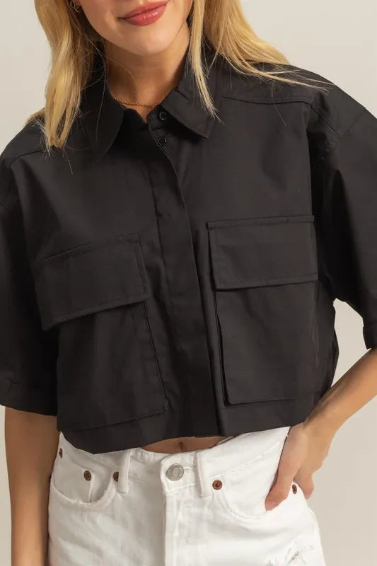 TEEK - Black Collared Neck Short Sleeve Crop Shirt TOPS TEEK Trend