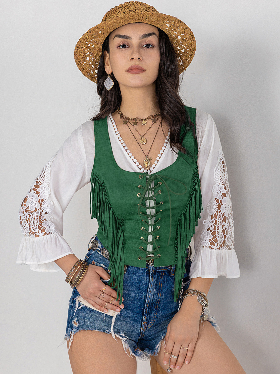 TEEK - Dark Green Fringe Lace-Up Wide Strap Tank TOPS TEEK Trend   