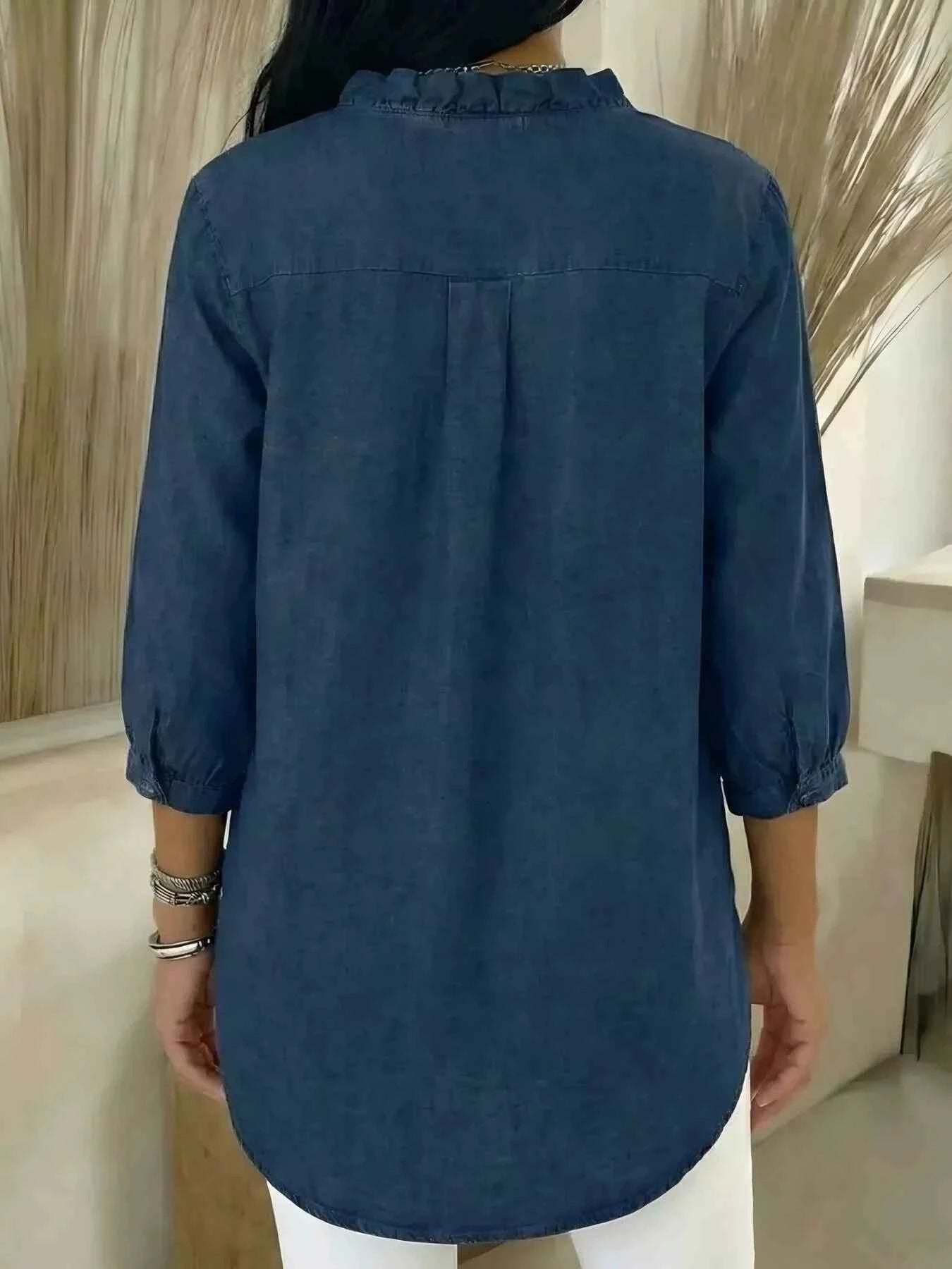 TEEK - Full Size V-Neck Ruffled Button Down Shirt Plus Size TOPS TEEK Trend