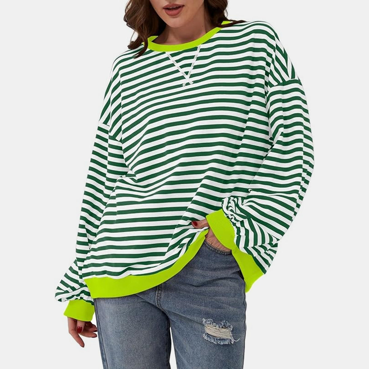 TEEK - Striped Round Neck Long Sleeve Shirt TOPS TEEK Trend Mid Green S 