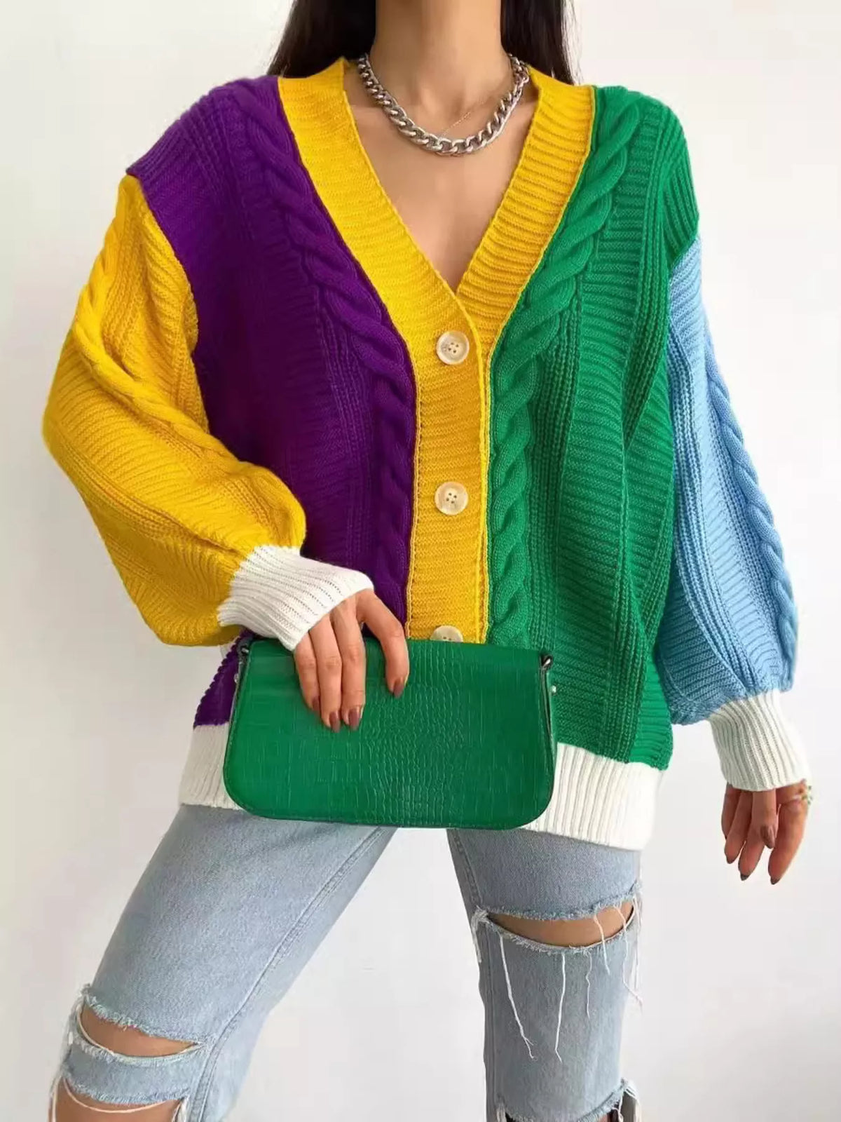 Color Block Button Down Cable-Knit Cardigan Trendsi