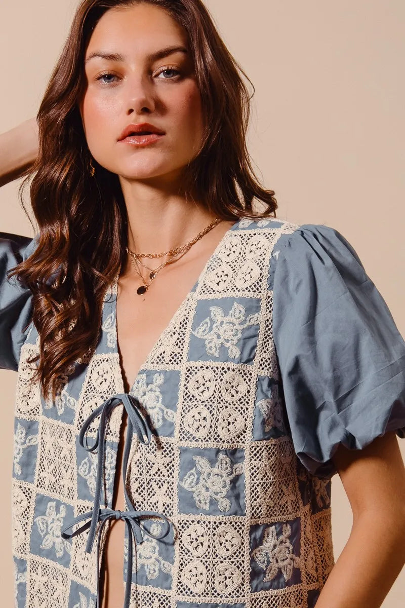 TEEK - Denim Blue Crochet Lace Tie Front V Neck Blouse Top TOPS TEEK Trend