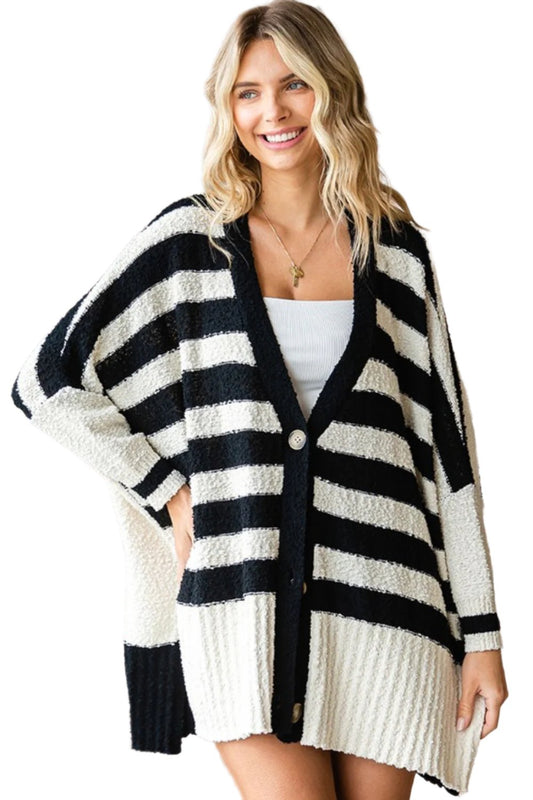 TEEK - Black Textured Striped Button Down Cardigan SWEATER TEEK Trend S  