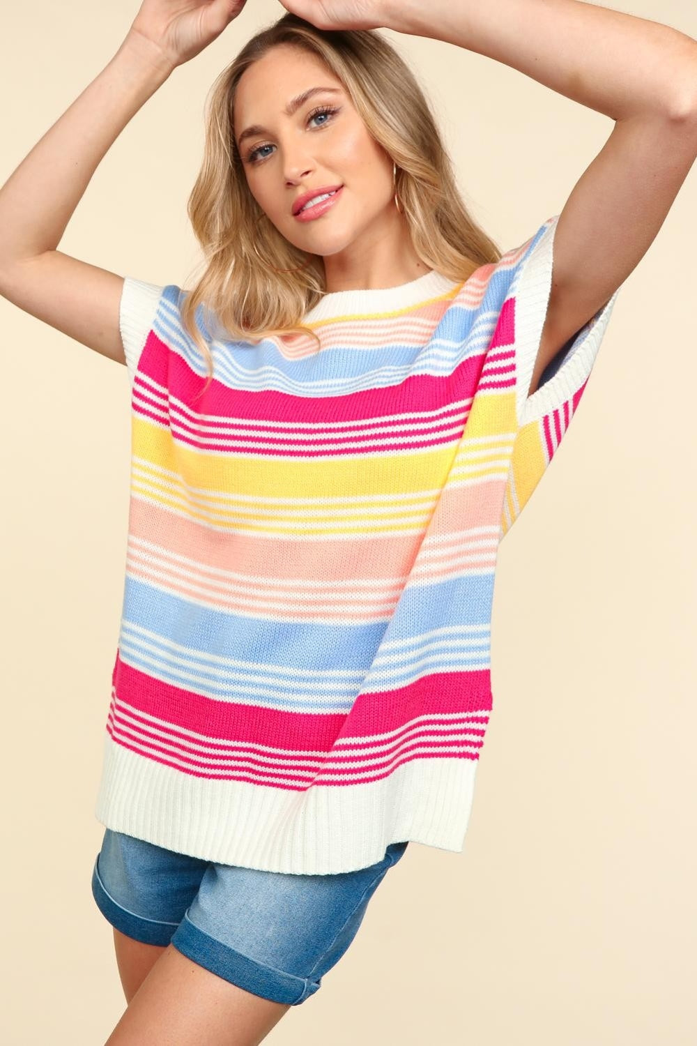 TEEK - Blue Fuchsia Yellow Striped Side Slit Knit Top TOPS TEEK Trend   