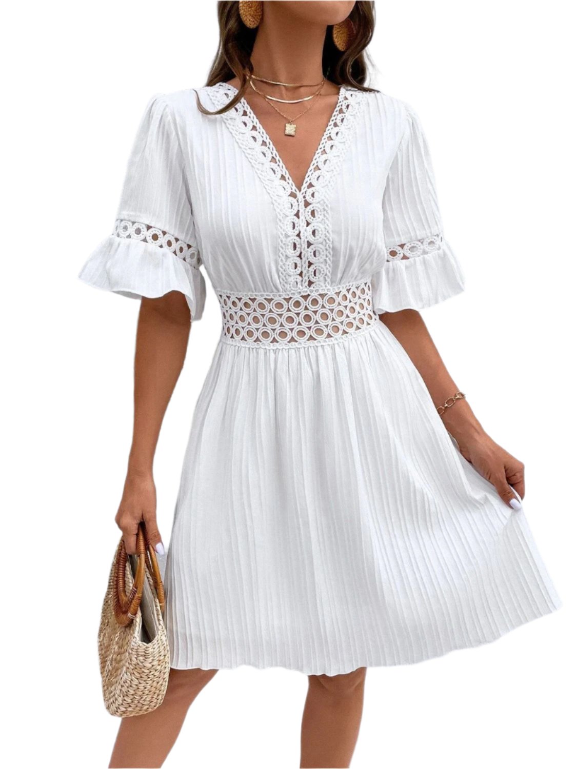 TEEK - Peek V-Neck Flounce Sleeve Mini Dress DRESS TEEK Trend White S 