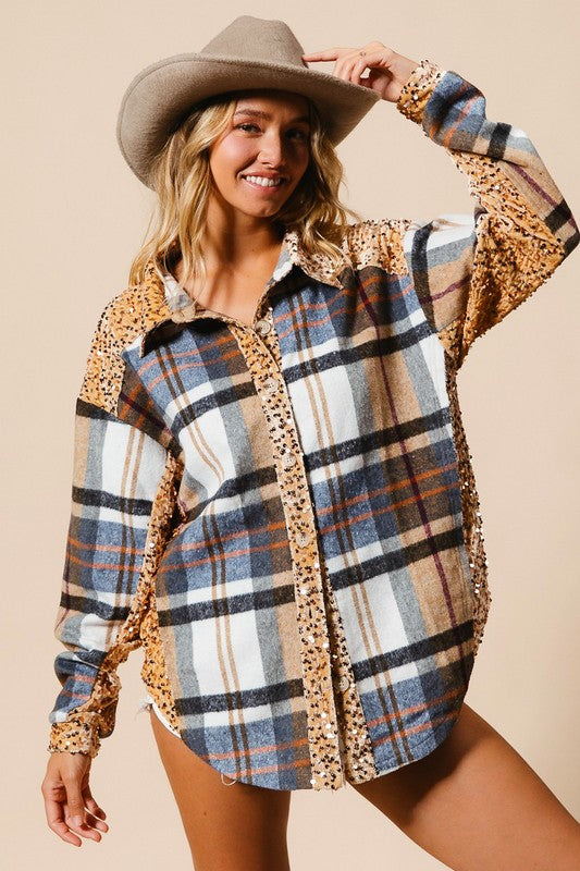 TEEK - Latte Multi Curved Hem Sequin Plaid Button Up Shacket TOPS TEEK Trend