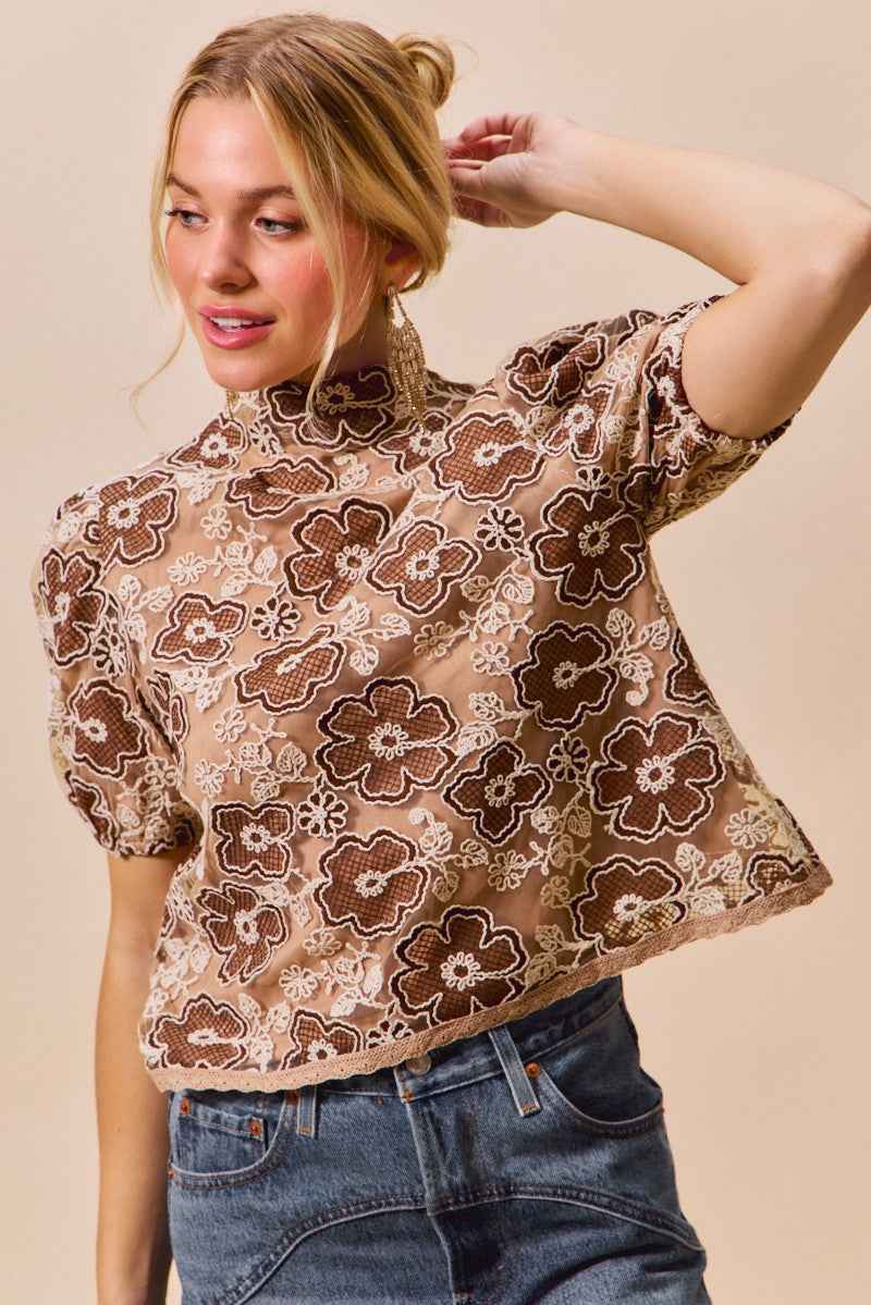 SO ME Texture Floral Mesh Top With Back Button Closure Trendsi