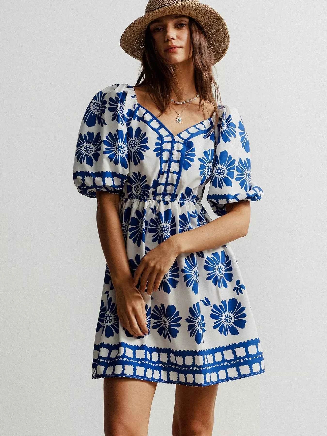 Floral Print Puff Sleeve Mini Dress Trendsi