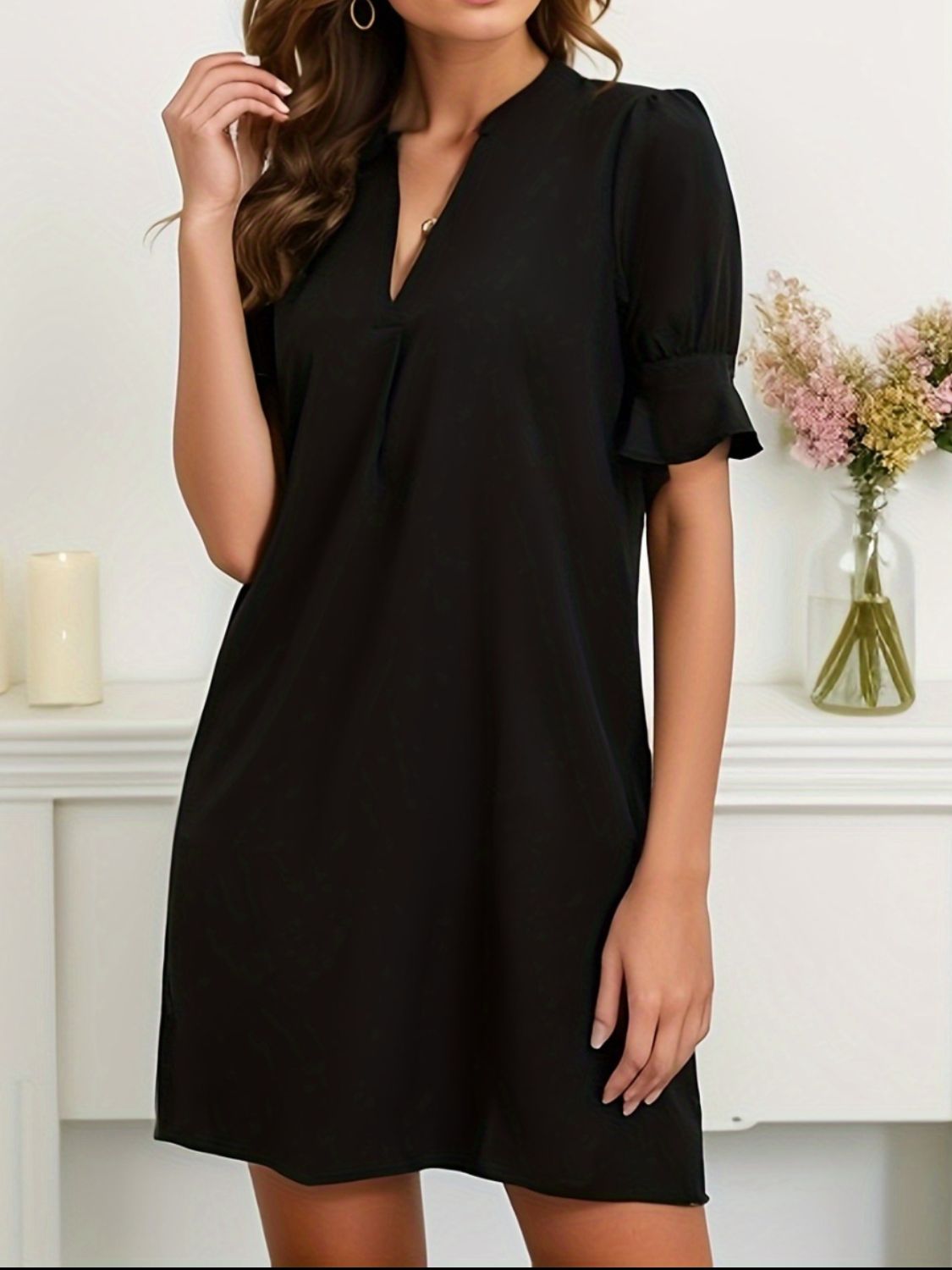 TEEK - Nicely Notched Flounce Sleeve Dress DRESS TEEK Trend Black S 