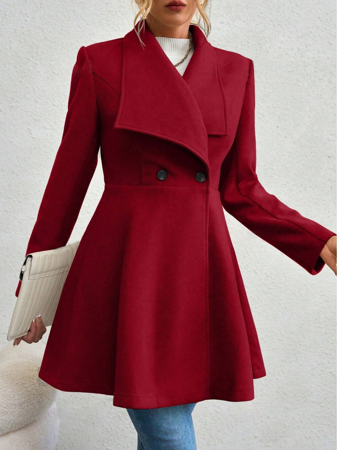 Collared Neck Button Up Long Sleeve Coat TEEK Trend