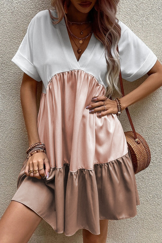 TEEK - Dusty Pink Color Block V-Neck Short Sleeve Dress