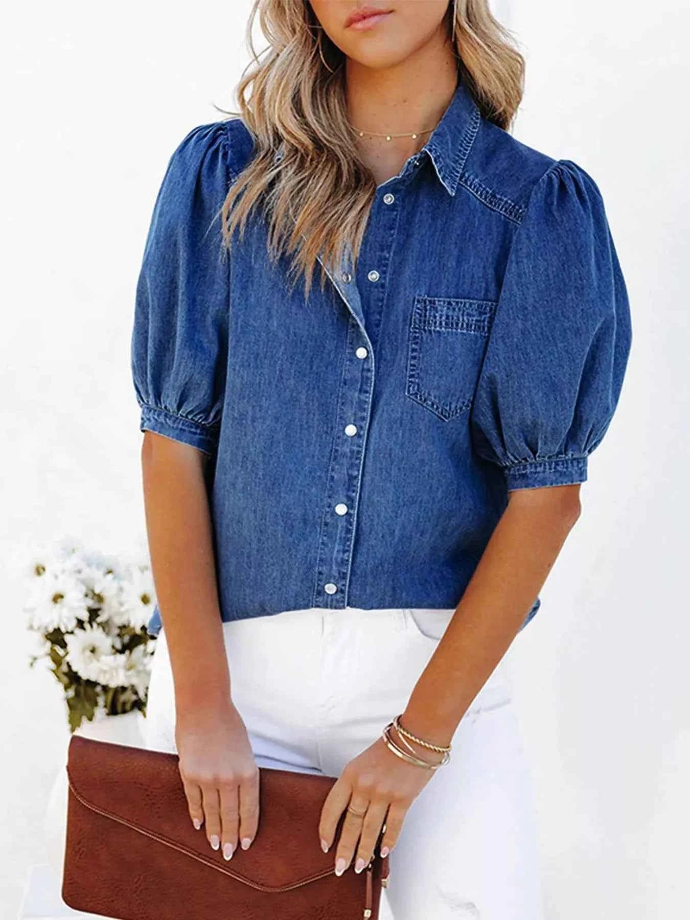 Puff Sleeve Button-Down Denim Top Trendsi Navy S