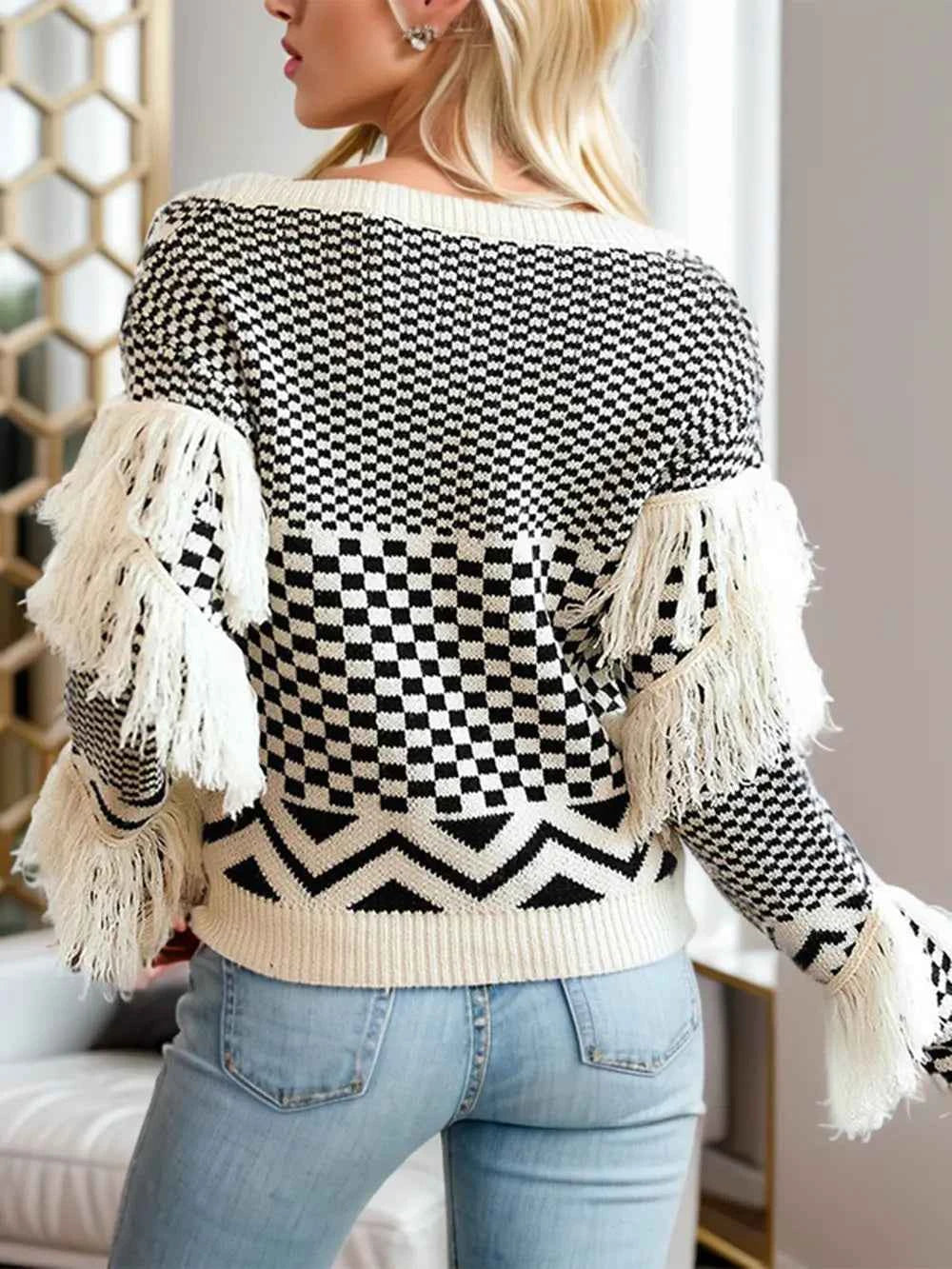 TEEK - Geometric Fringe Detail V-Neck Sweater TOPS TEEK Trend