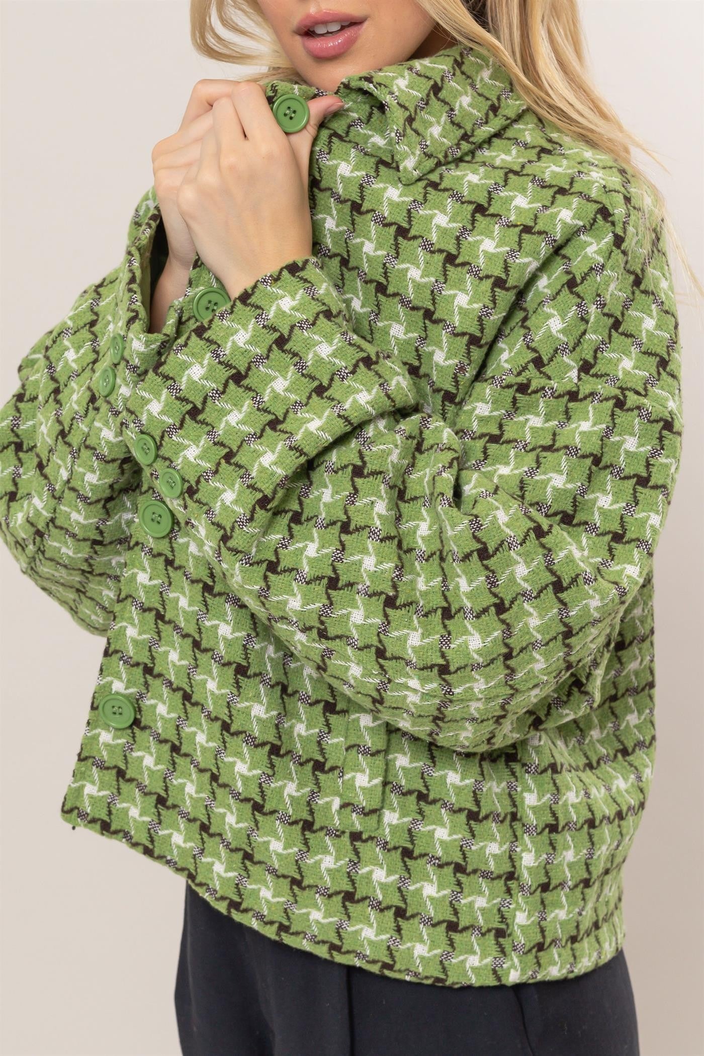 TEEK - Green Tweed Plaid Button Up Collared Neck Jacket TEEK Trend