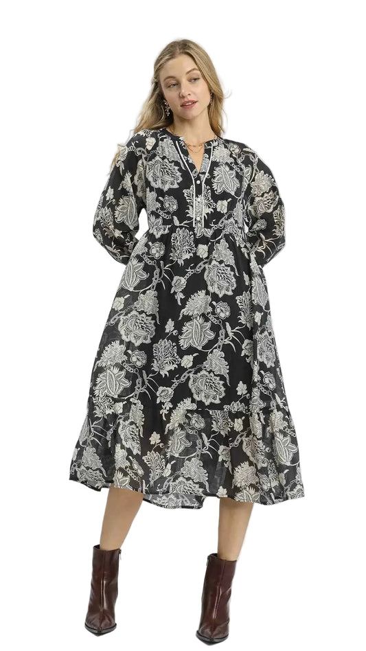 Umgee Floral Print Boho Midi Dress