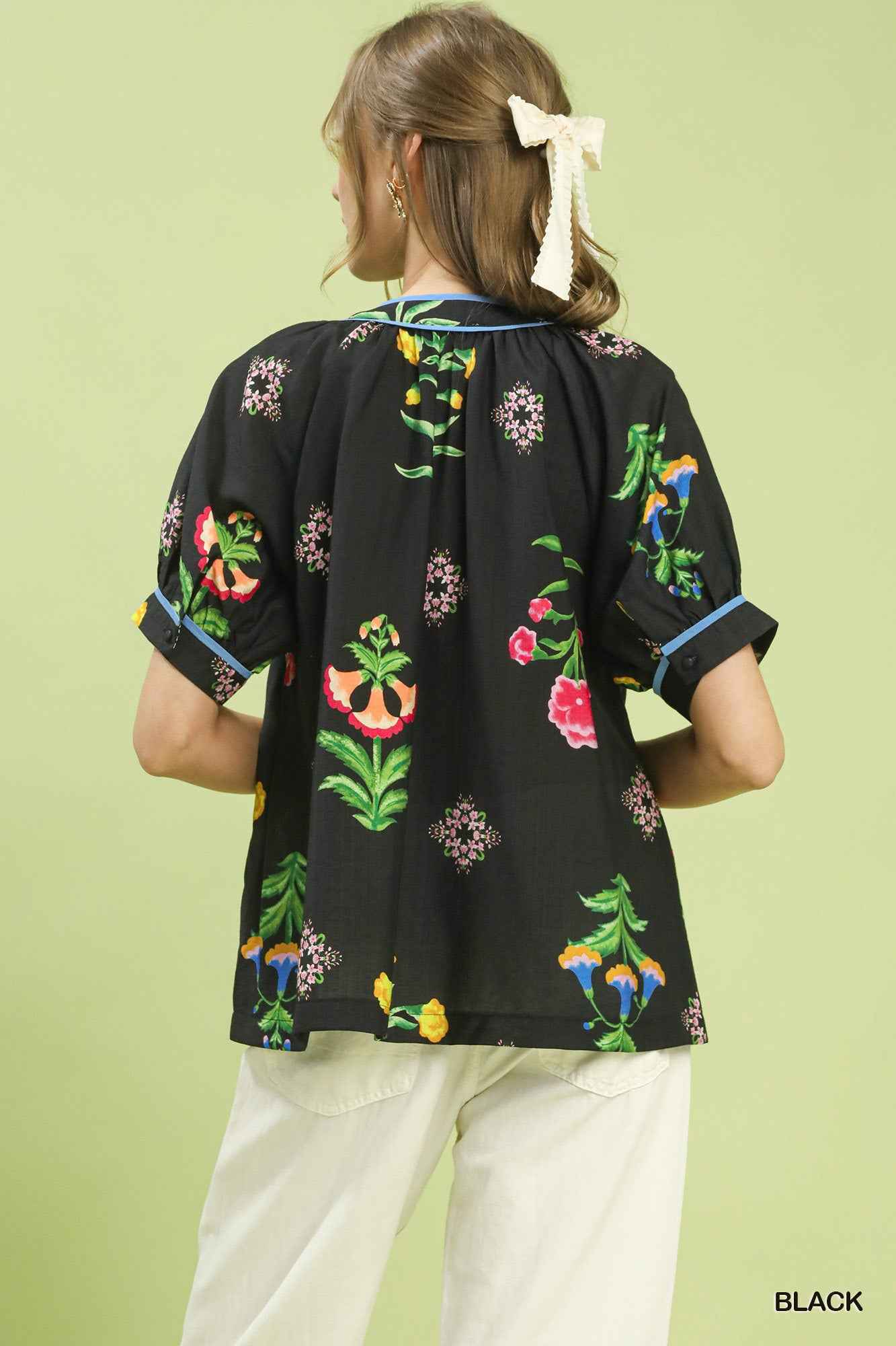 TEEK - Botanical Print Contrast Trim Button Blouse TOPS TEEK Trend