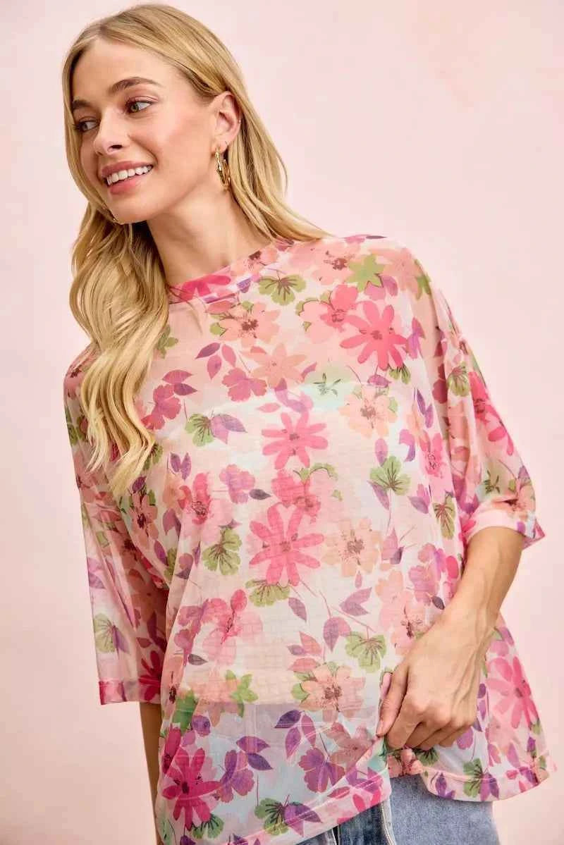 BiBi Floral Print Short Sleeves Boxy Mesh Top Trendsi