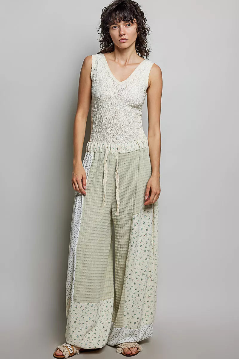 POL Patchwork Mixed Knit Wide Leg Pants Trendsi