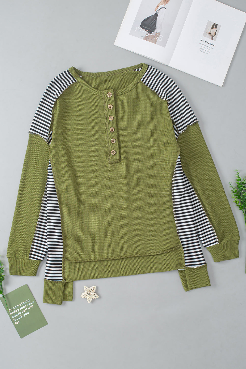 TEEK - Moss Striped Exposed Seam Half Button Sweatshirt TOPS TEEK Trend