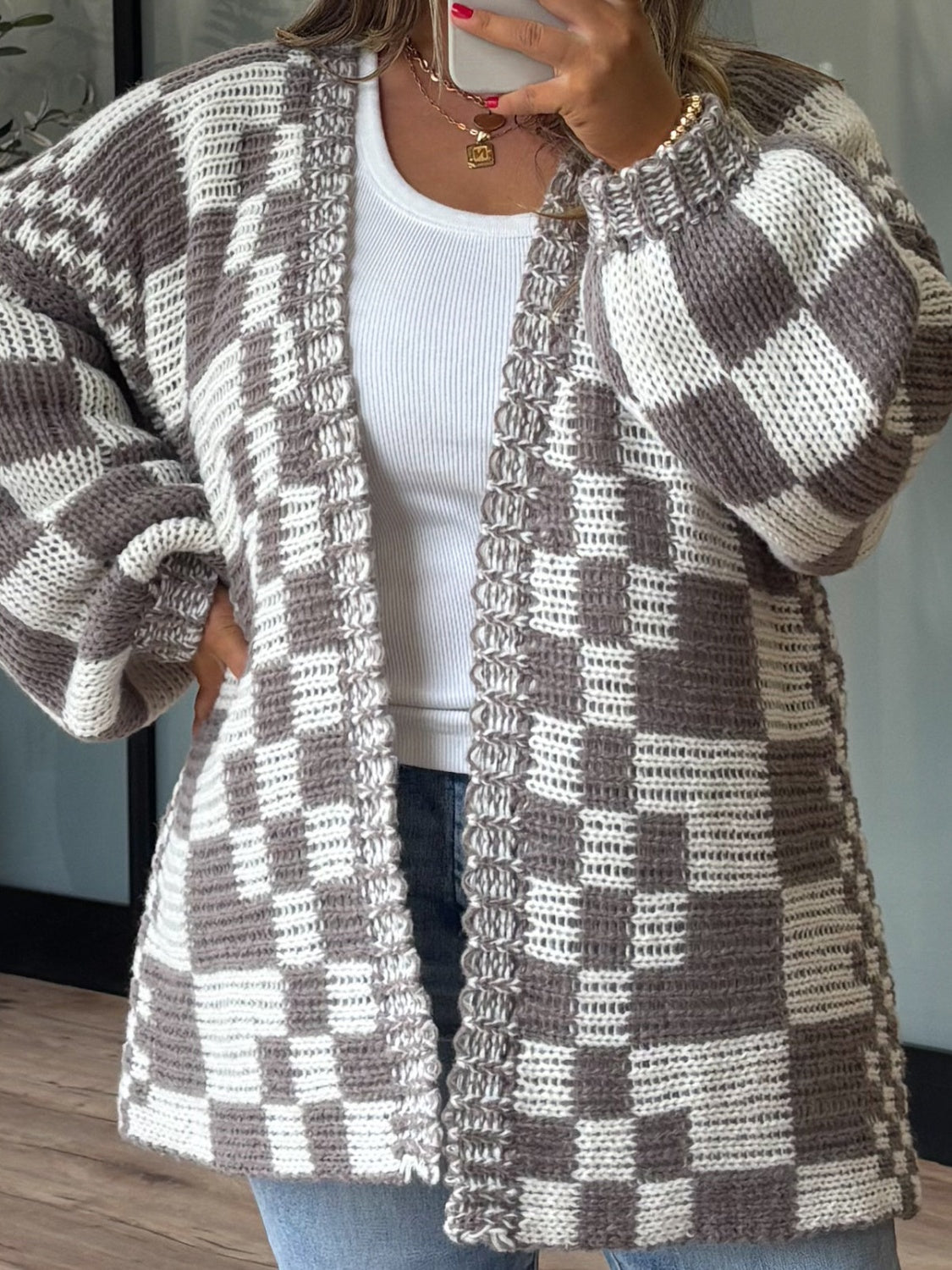 Checkered Open Front Long Sleeve Cardigan TEEK Trend