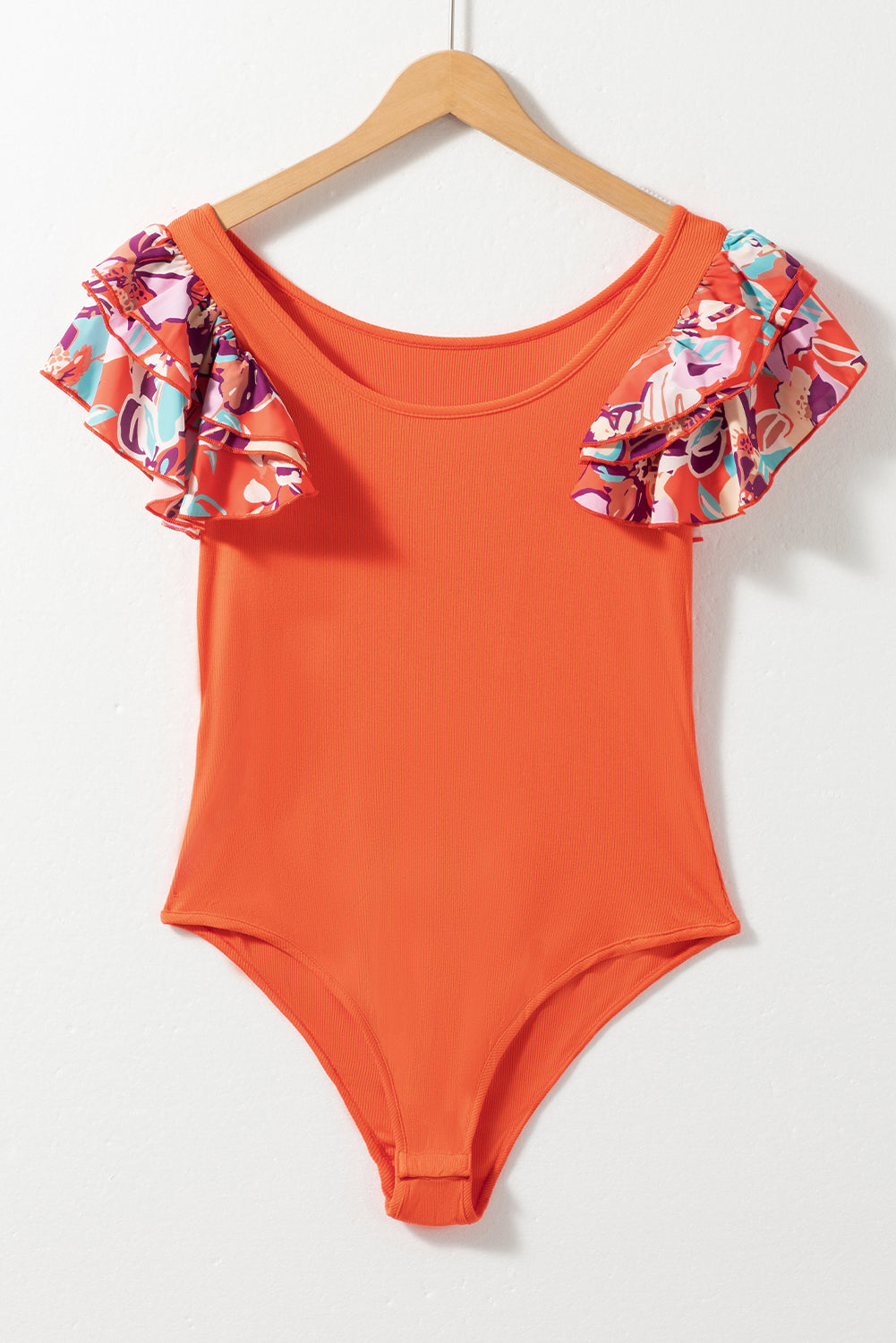 TEEK - Red Orange Floral Ruff Sleeve Bodysuit TOPS TEEK Trend S  