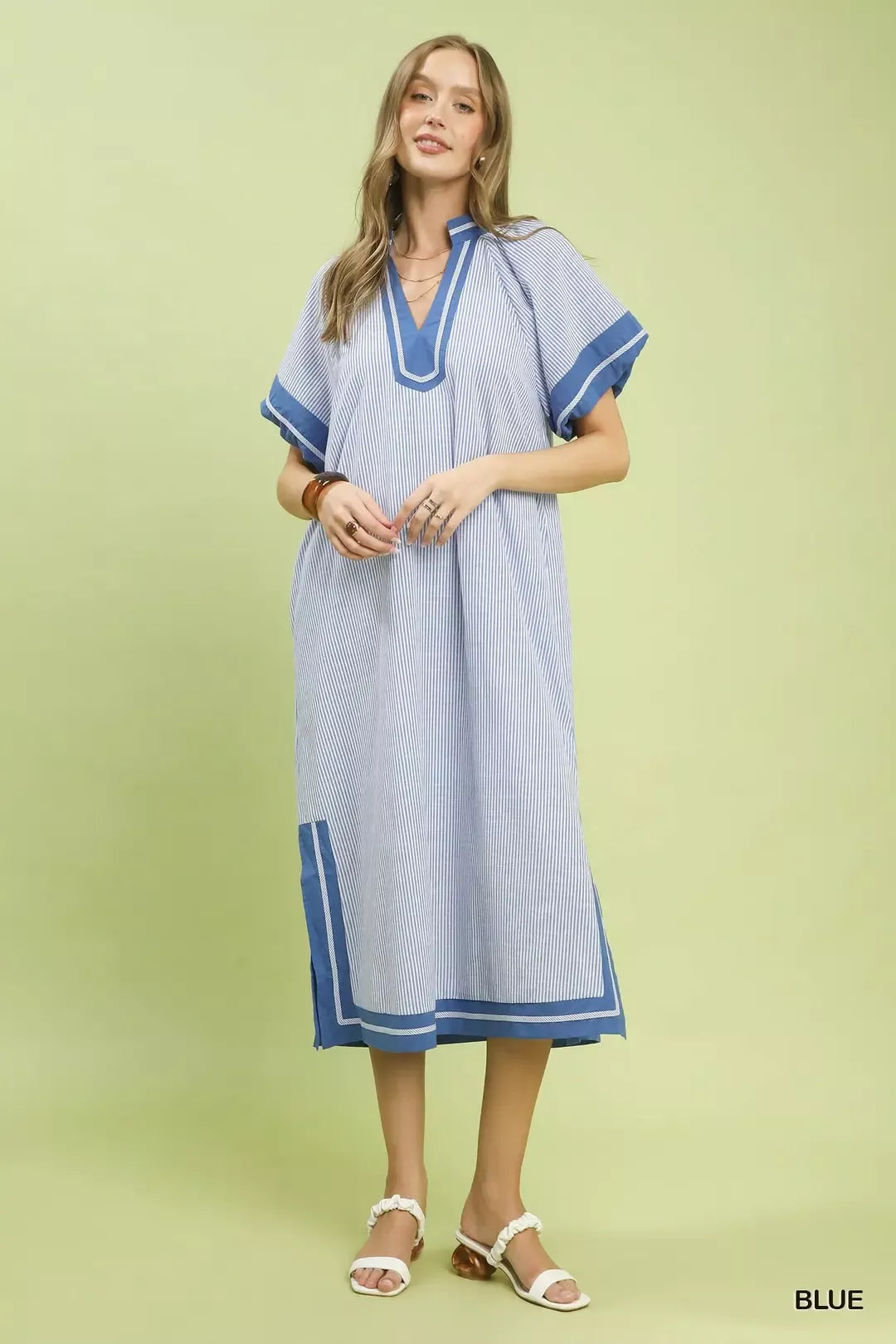 Umgee Pinstripe Contrast Trim Midi Dress Trendsi