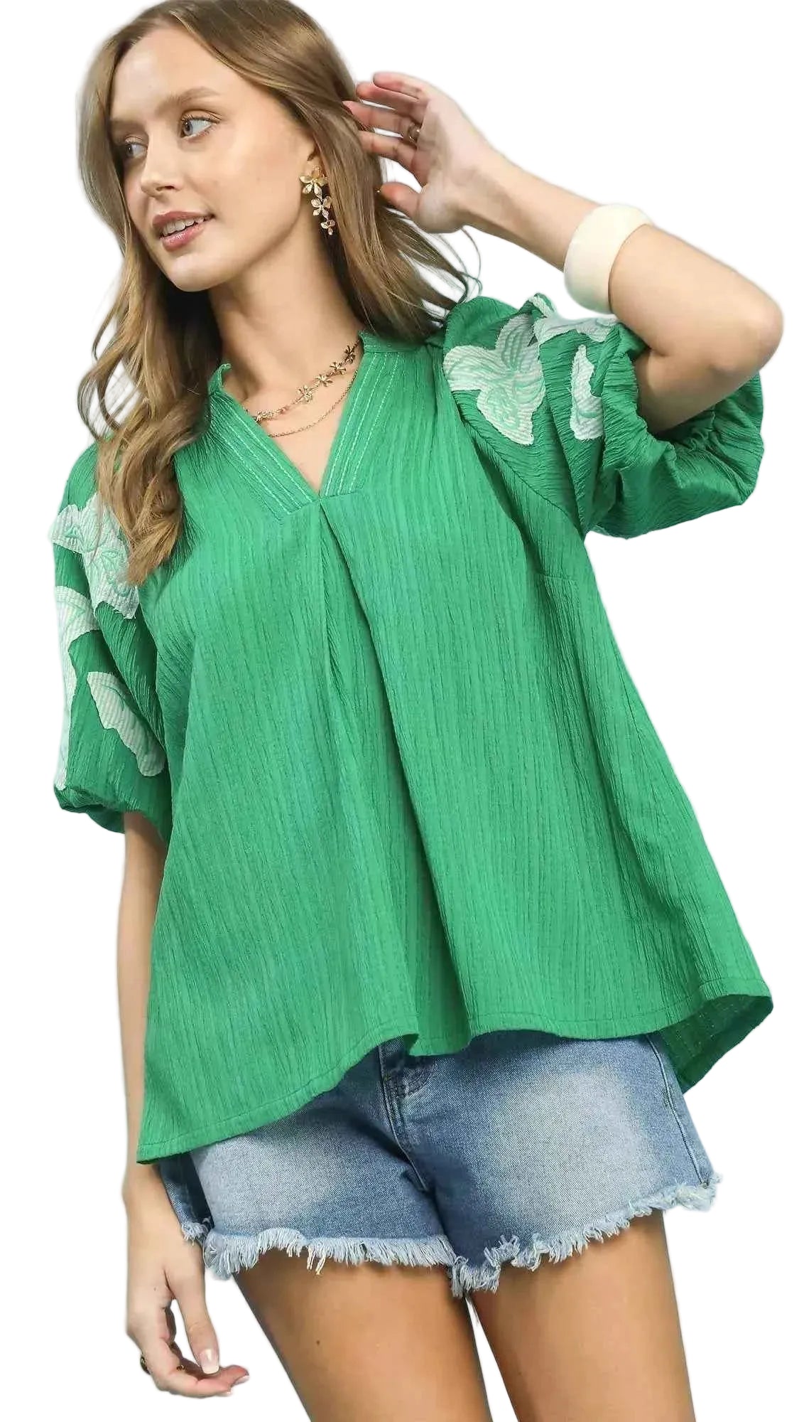 TEEK - Embroidered Balloon Sleeve Notch Neck Blouse TOPS TEEK Trend GREEN S