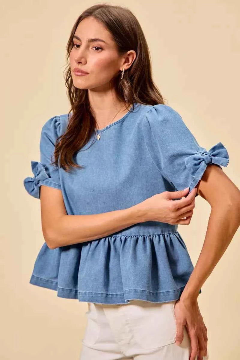 TEEK - Denim Bow Detail Short Sleeves Peplum Top TOPS TEEK Trend