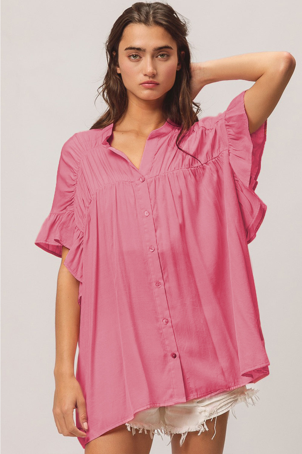 TEEK - Berry Shirred Ruffled Button-Down Shirt TOPS TEEK Trend   