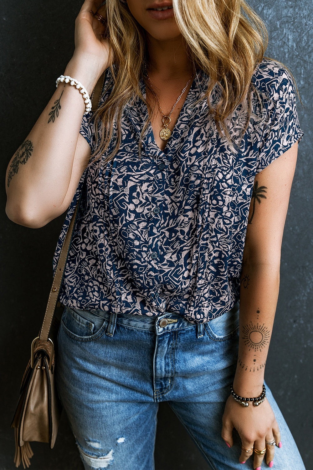 TEEK - French Blue Print Short Sleeve Blouse TOPS TEEK Trend   