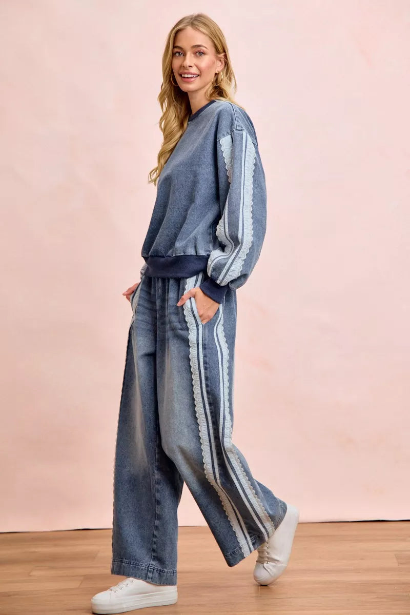 BiBi Washed Denim Lace Contrast Sided Sweatshirt Trendsi
