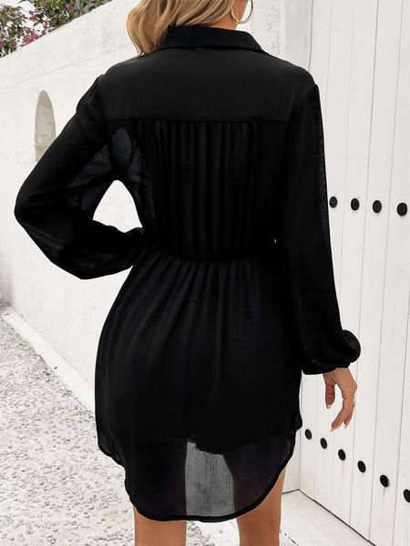 TEEK - Black Collar Neck Dress V-Neck Lantern Sleeve Tops TEEK W   